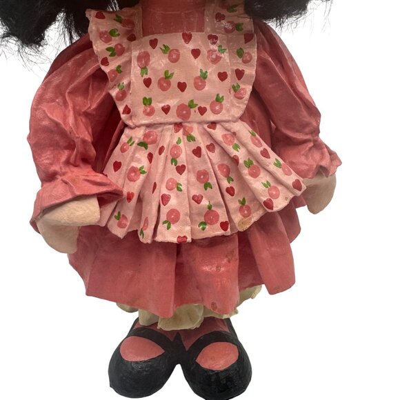 Handmade Vintage Paper Mache Doll With Strawberry Print Apron & Curly Black Hair - Picture 3 of 8